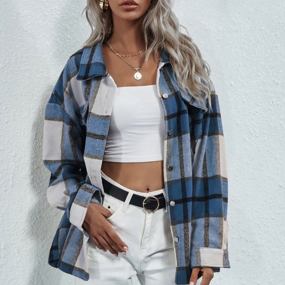 Boyfriend Fit Plaid Jacket oversized button pocket - Picture 2 of 12
